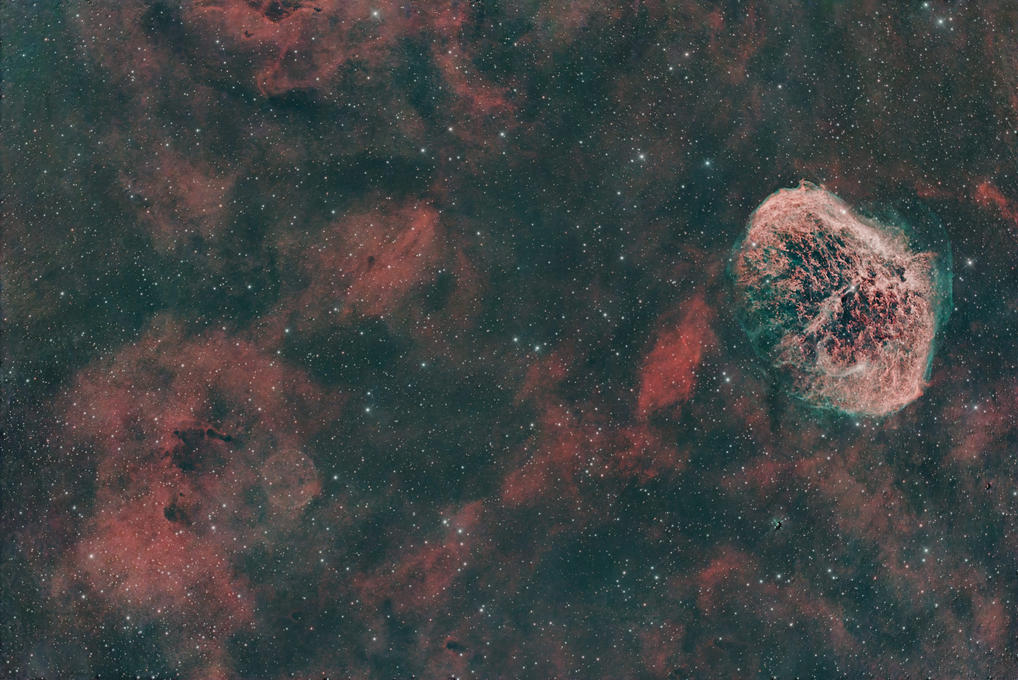 The Crescent Moon Nebula NGC 6888 is a peculiar emission nebula in the constellation Cygnus, excited to glow by the Wolf-Rayet star at the nebula's center.